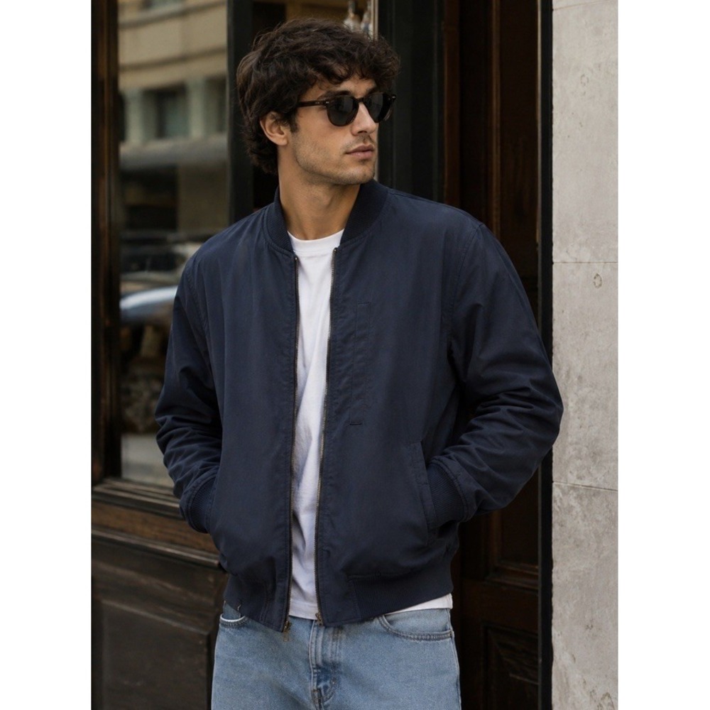 Topman Mens Bomber Blue Navy Jacket Medium Zip Up Snap Pockets Small Preppy MINT
